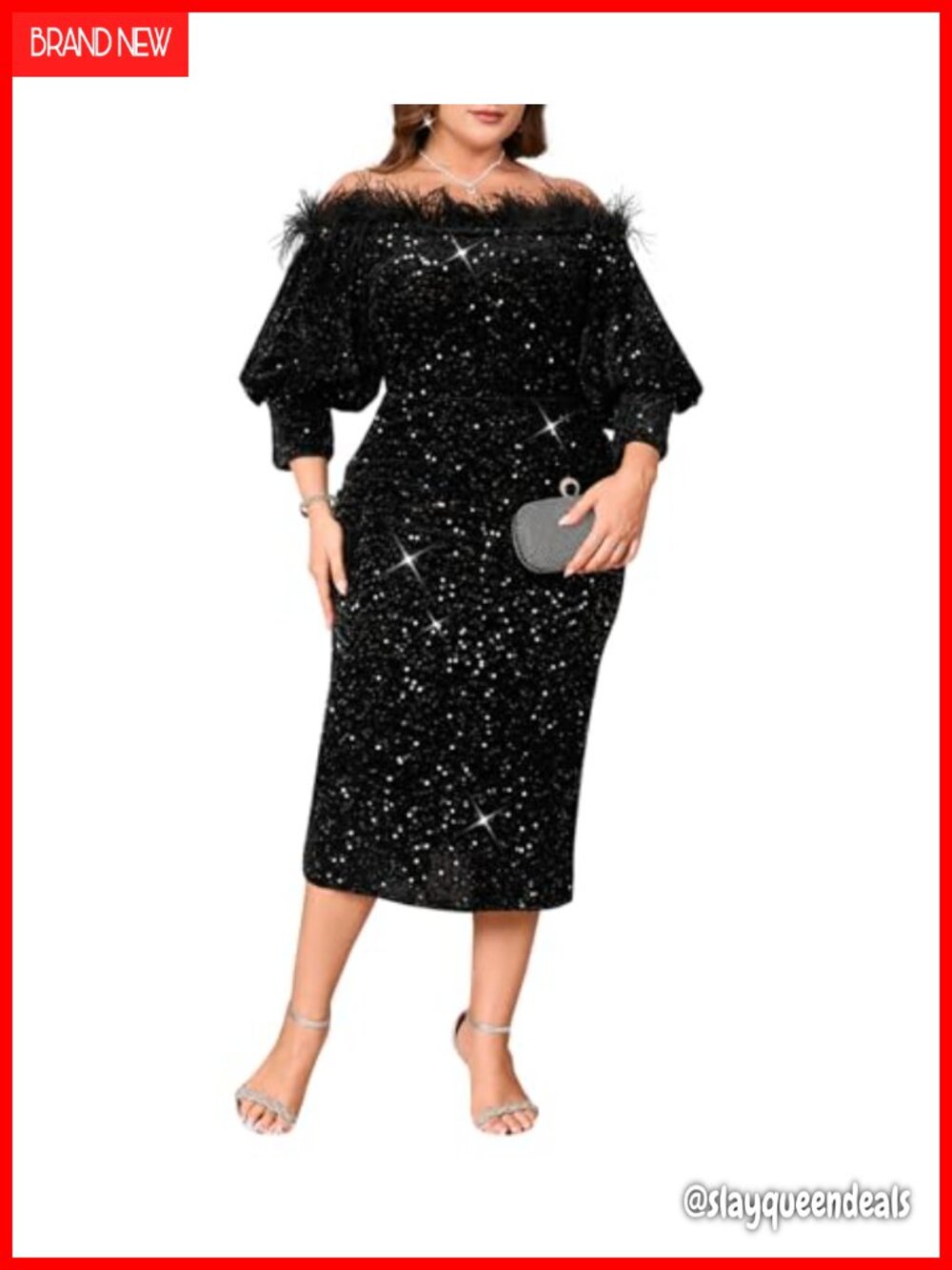Sequin Off Shoulder Puff Sleeve Bodycon Midi Dress Formal Party Cocktail